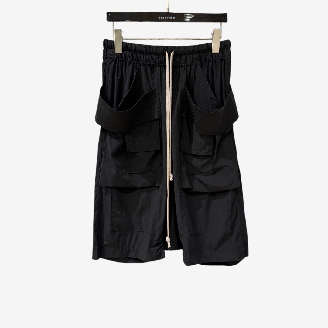 Dark Style Shorts with Multiple Pockets High Street Solid Color Drawstring Versatile Black Cargo Pants