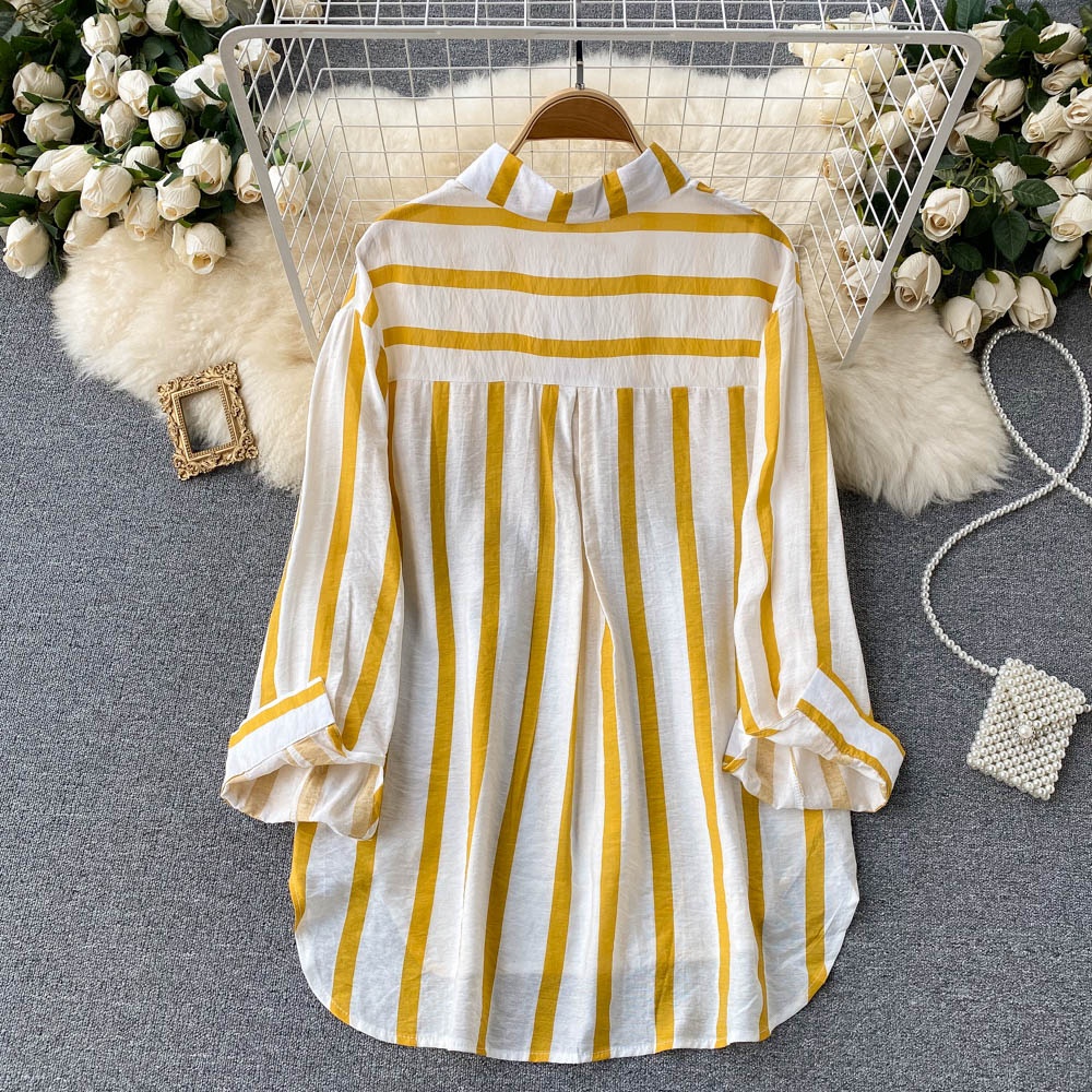 Spring and Autumn Striped Korean Style Casual Long Sleeve Lapel Fashion Women's Blouses and Shirts