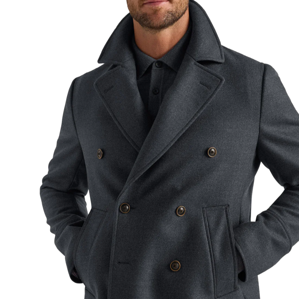 Elegant Men's Charcoal Grey Double-Breasted Woolen Overcoat Durable Winter Trench Coat Woolen Fabric Convenient Closure Type