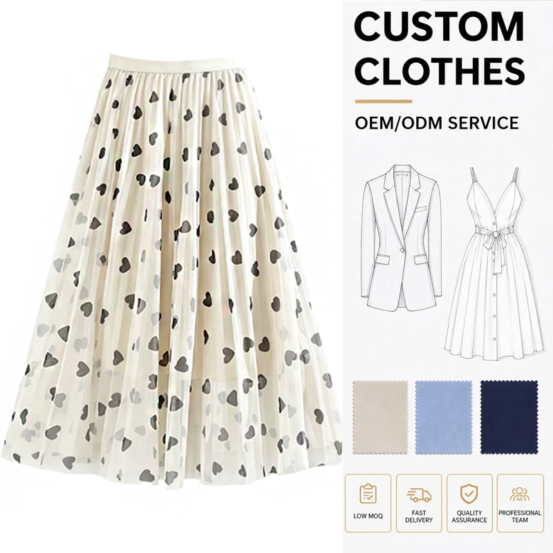 Elegant High Waist Heart Printed Pleated Midi Tulle Skirt Casual A-line Mesh Maxi Skirts for Women Summer Fashion