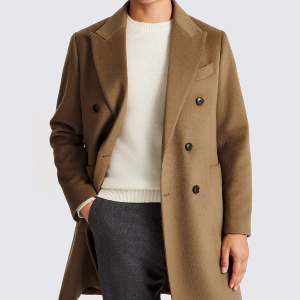 Men Olive Green Double Breasted Wool Blend Overcoat Long Trench Coat Slim Fit Business Casual Winter Warm Cashmere Jacket
