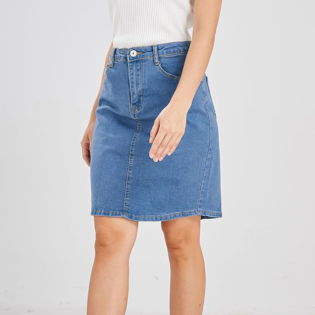 Women's High Waisted Denim Midi Skirt Button Front Thigh-High Slit Fit Vintage Straight Maxi Cotton Denim Skirts