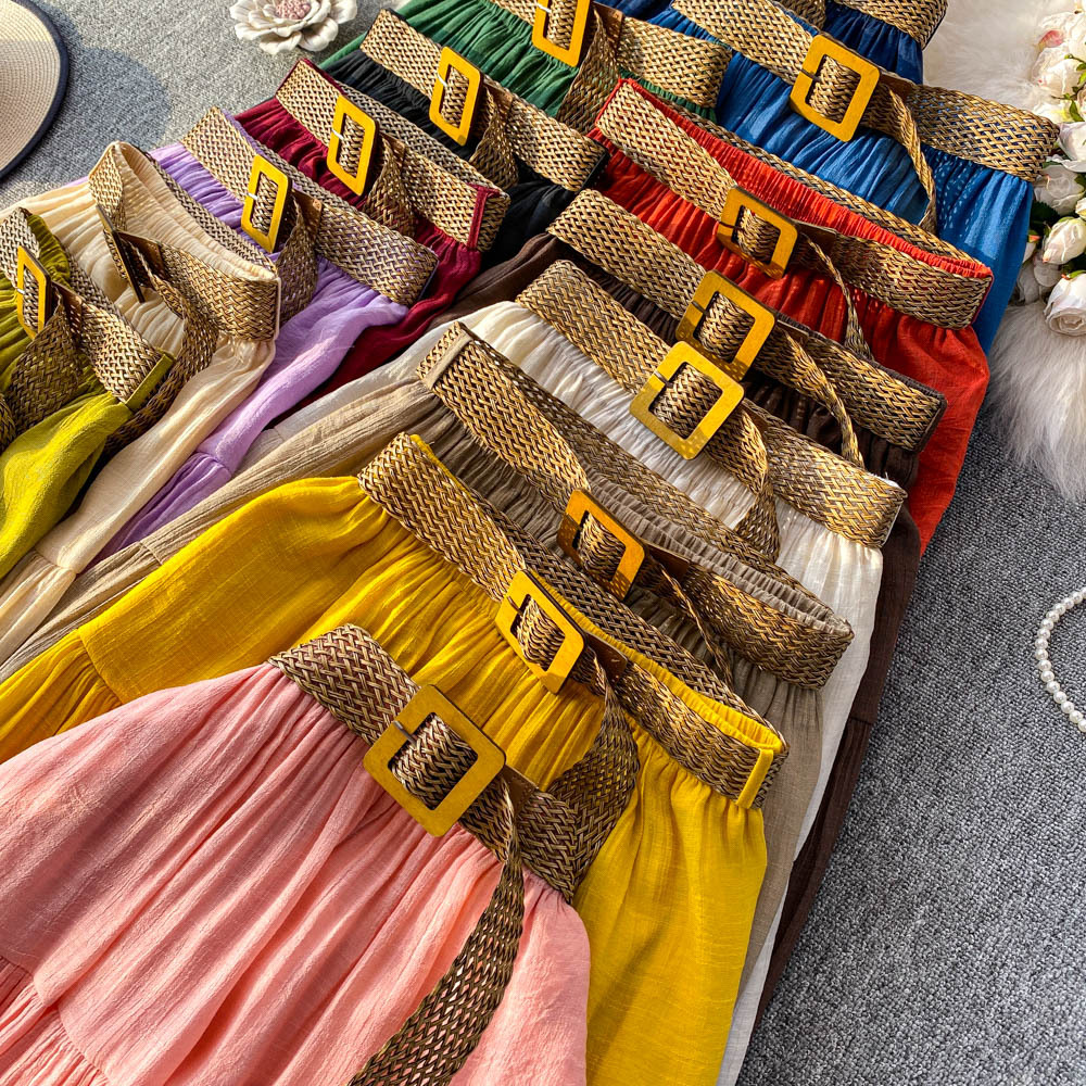 Women's Flowy Flared Ruffle Long Skirt Summer Maxi Skirt Going Out Outfits Midi Length Elastic High Waist Beach Skirt Dress