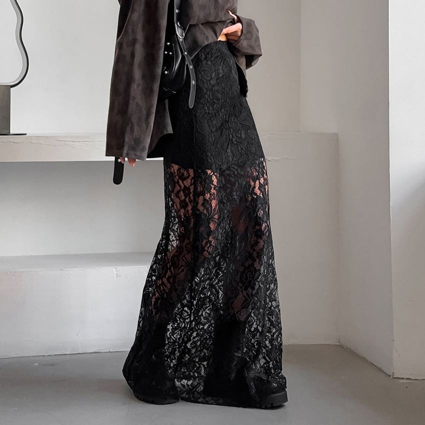 Dropshipping Lace Fashion Sexy Mature Ladies Skirt See Through Midi Length Maxi Skirt 2024 Summer Clothes