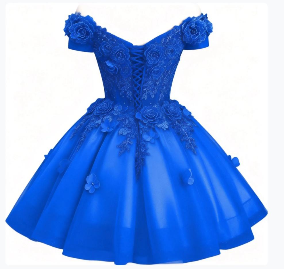 Royal Blue Embroidered Floral Cocktail Dress Off-Shoulder Ball Gown Short Party Gown