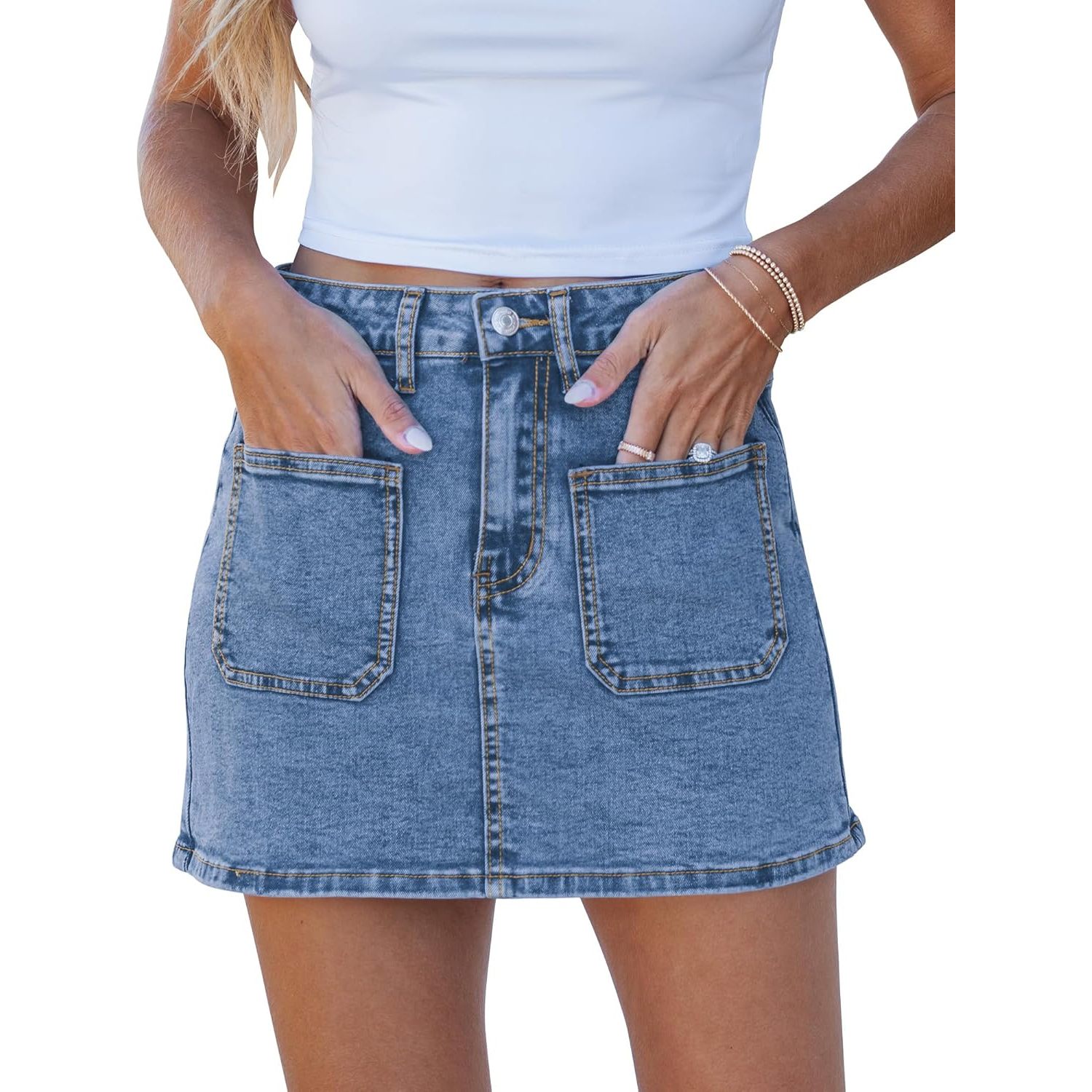 2025 Trendy High Waisted Stretchy Denim Midi and Maxi Skorts for Women Casual Patch Pocket Mini Skirt Shorts
