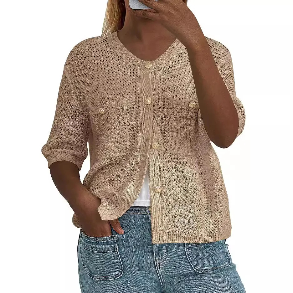 OEM ODM Manufacturer Cardigan Womens Western Pointelle Chest Pocket Linen Knitted Cardigan Jackets Sweater