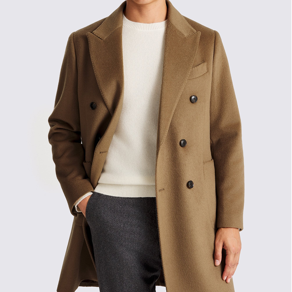 Men Olive Green Double Breasted Wool Blend Overcoat Long Trench Coat Slim Fit Business Casual Winter Warm Cashmere Jacket