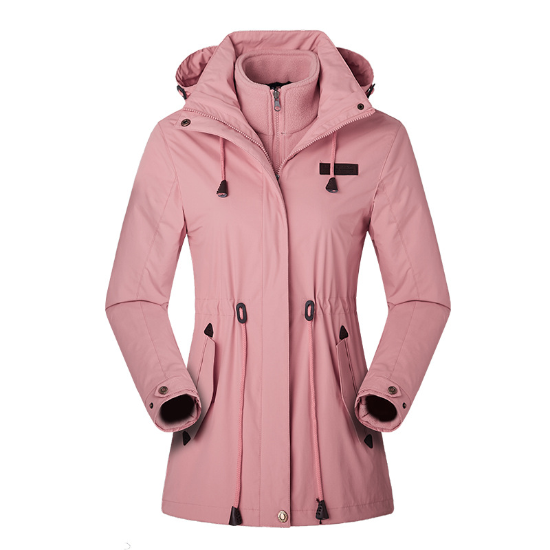 Outdoor Women's Blazer Jacket 3-in-1 Mid-Length Detachable Two-Piece Set Autumn Winter Fleece Lined Thickened 3D Pattern Trendy