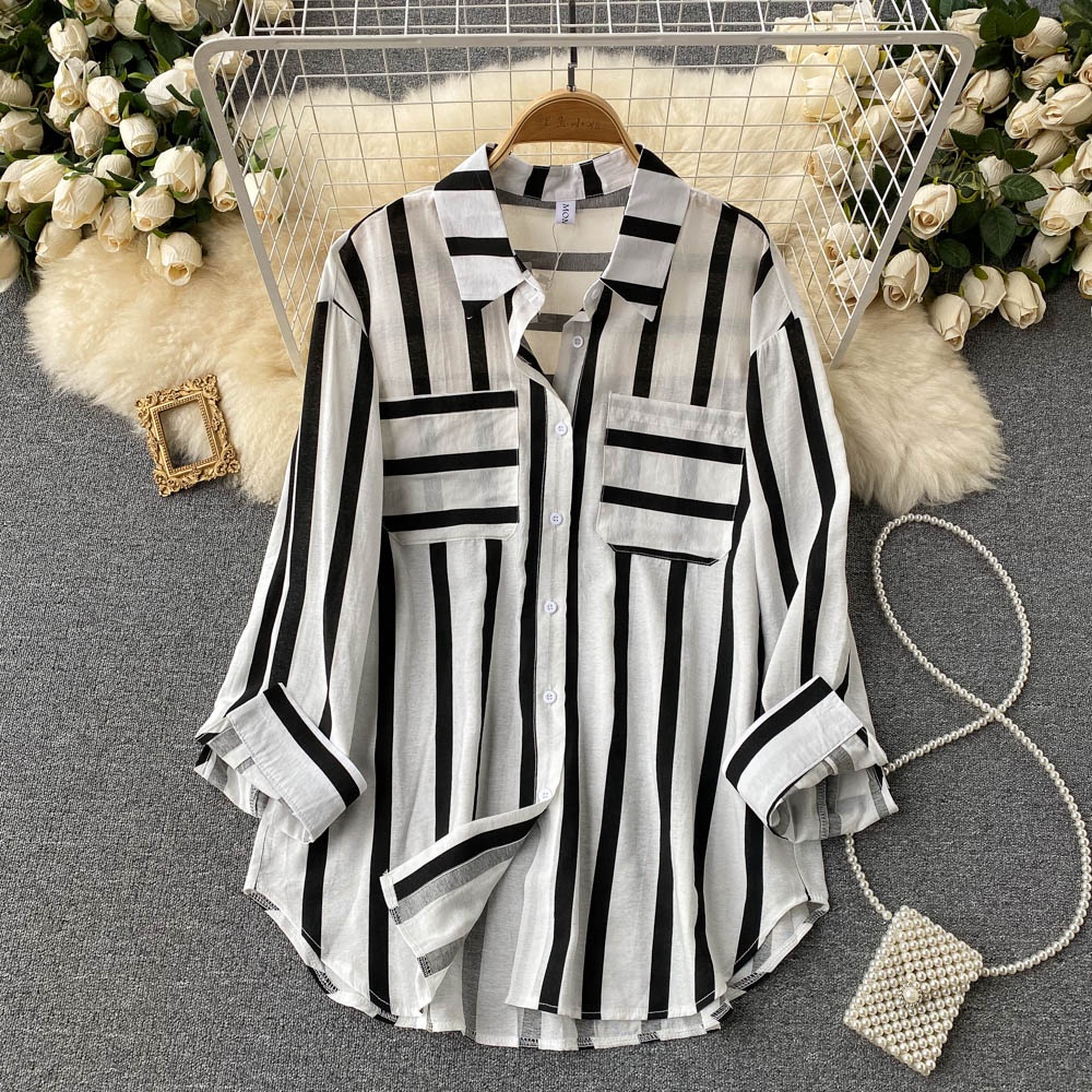 Spring and Autumn Striped Korean Style Casual Long Sleeve Lapel Fashion Women's Blouses and Shirts