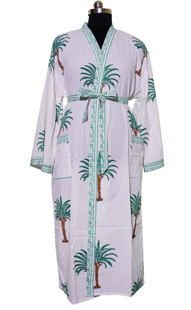 Indian Hand Block Palm Tree Printed Cotton Kimono Bathrobe