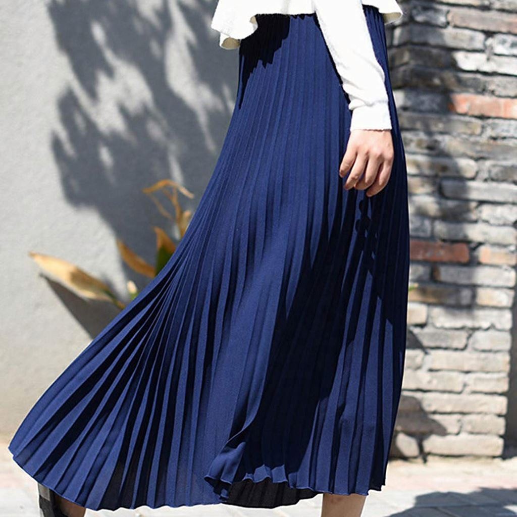 Spring Women Solid Pleated Skirt Elegant Casual Office Midi Elastic Waist Maxi Skirt Chiffon Pleated Skirt A-line Mid-length 10%