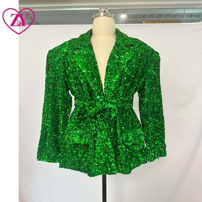 American &amp; African Women's Breathable Eco-Friendly Thin Green &amp; Emerald Sequin Blazers Hip Hop Style Wholesale Jackets