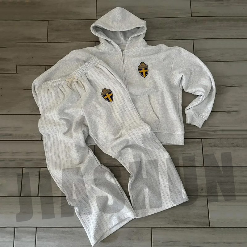 Custom Tracksuit Side Stripes Sweatsuits 100% Cotton Hoodie Men Joggers Suit Flared Sweatpants and Hoodie Set