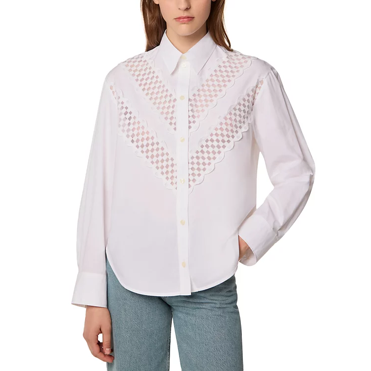 Women's Elegant Casual White Cotton Blouse Turn-Down Collar Long Sleeve Checkered Lace Embroidered V-Panel Button Down Top