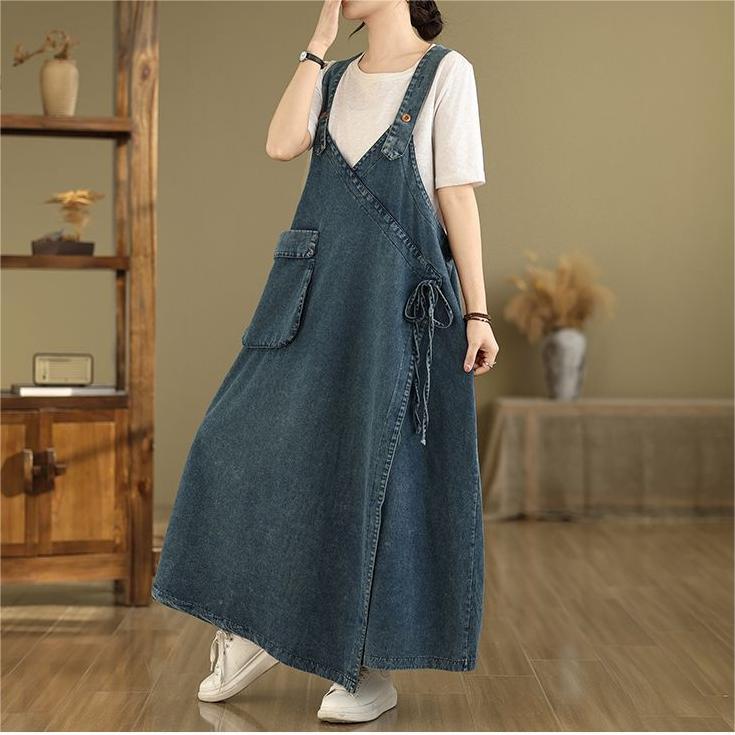 Women's High Waisted Denim Maxi Skirt Vintage Blue Washed Casual Summer Skirt, Midi to Ankle Length, Button Front &amp; Pockets