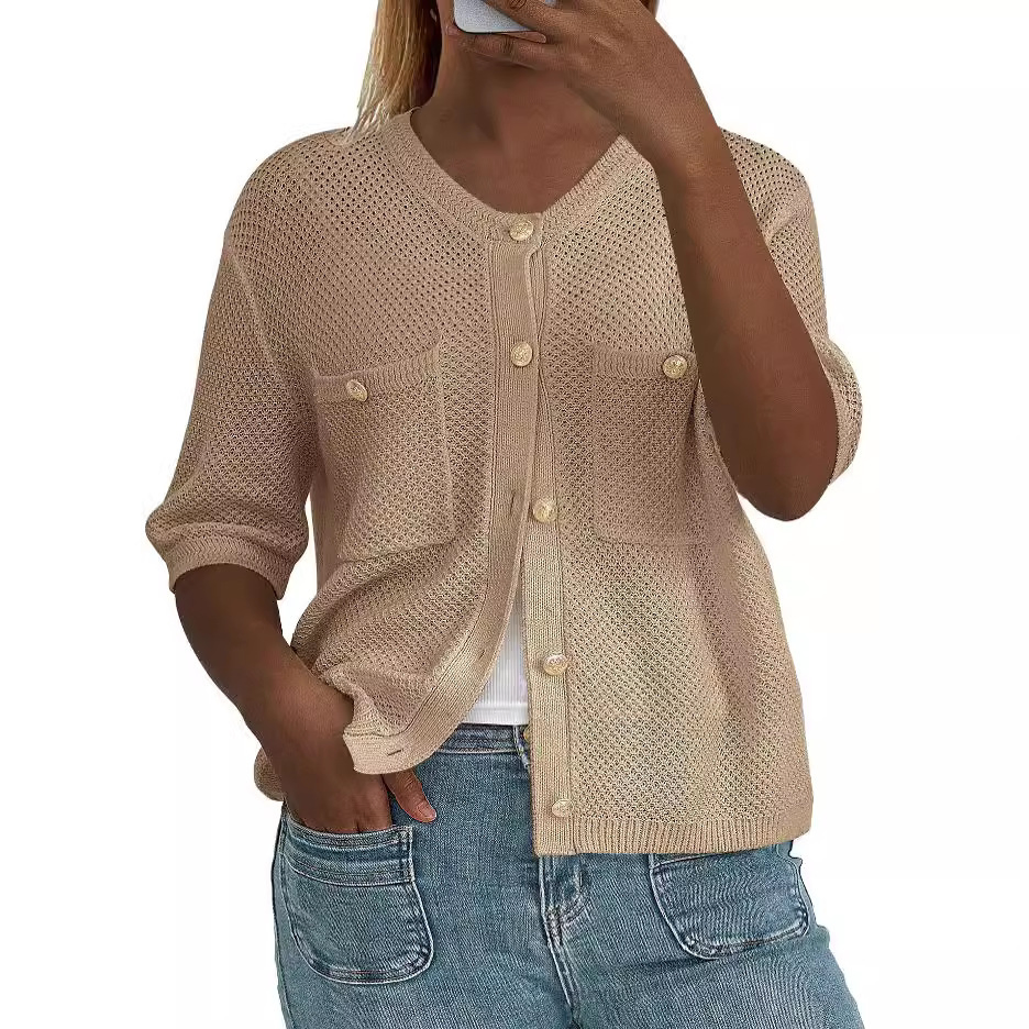 OEM ODM Manufacturer Cardigan Womens Western Pointelle Chest Pocket Linen Knitted Cardigan Jackets Sweater