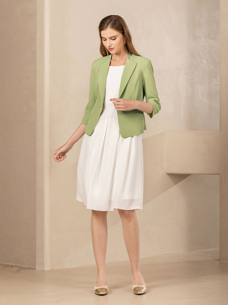 Women's Spring and Autumn Short Woven Blazer V-Neck Single Button Elegant Office Lady Jacket