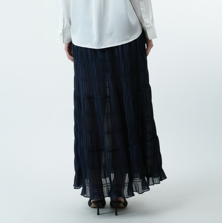 HB2510X17 98%Polyester 2%Spandex Women's Woven Textured Maxi Skirt Pleated Design Halter Neck Vest Breathable Denim MIDI Skirt