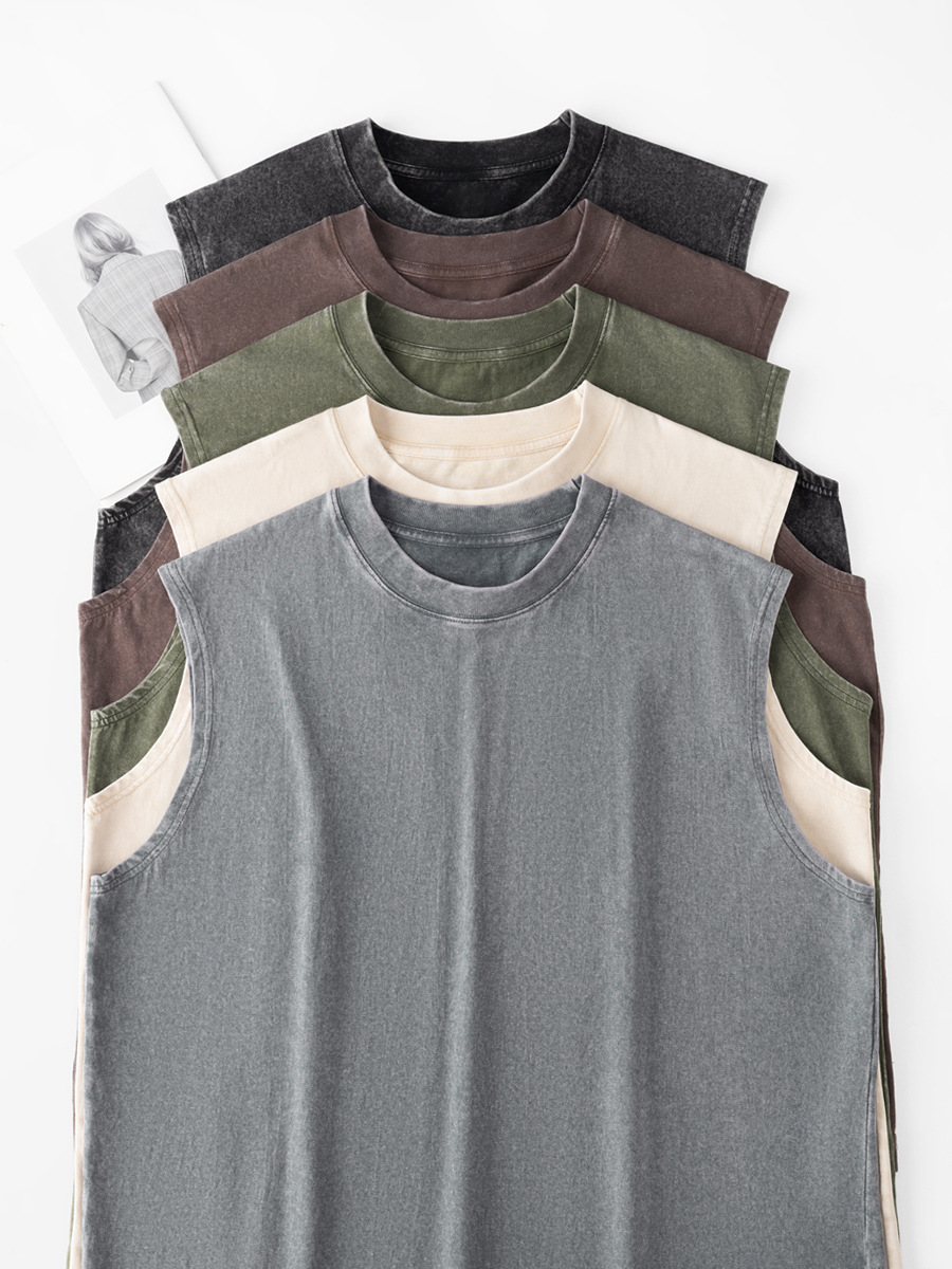 Oversized Men's Heavy Cotton Workout Tank Top Sleeveless Cut Muscle Shirts Acid Wash Custom Logo Embroidery High Street Style