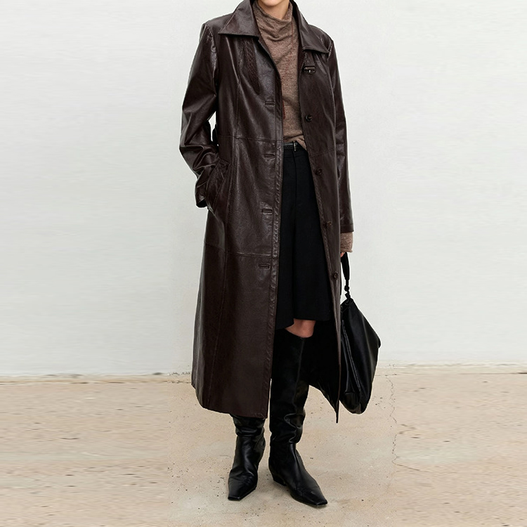 HN000004 Women's Slim Fit Belted Waist Long Leather Overcoat Notched Lapel Wax Dyed Sheepskin Trench Coat