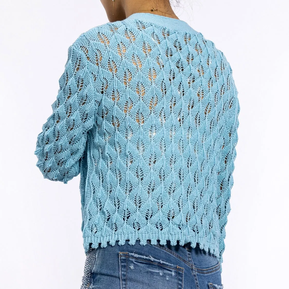 Blue Hollow Textured Crochet V-Neck Long Sleeve Sweater Lightweight Women's Cardigan Summer