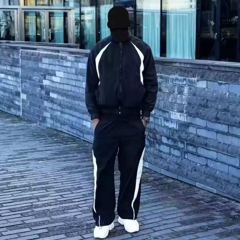 Oem Custom Polyester Tracksuits Patchwork Zip up Nylon Jacket and Pants Mens Jogger Gym Sets Tracksuit Nylon Track Suit
