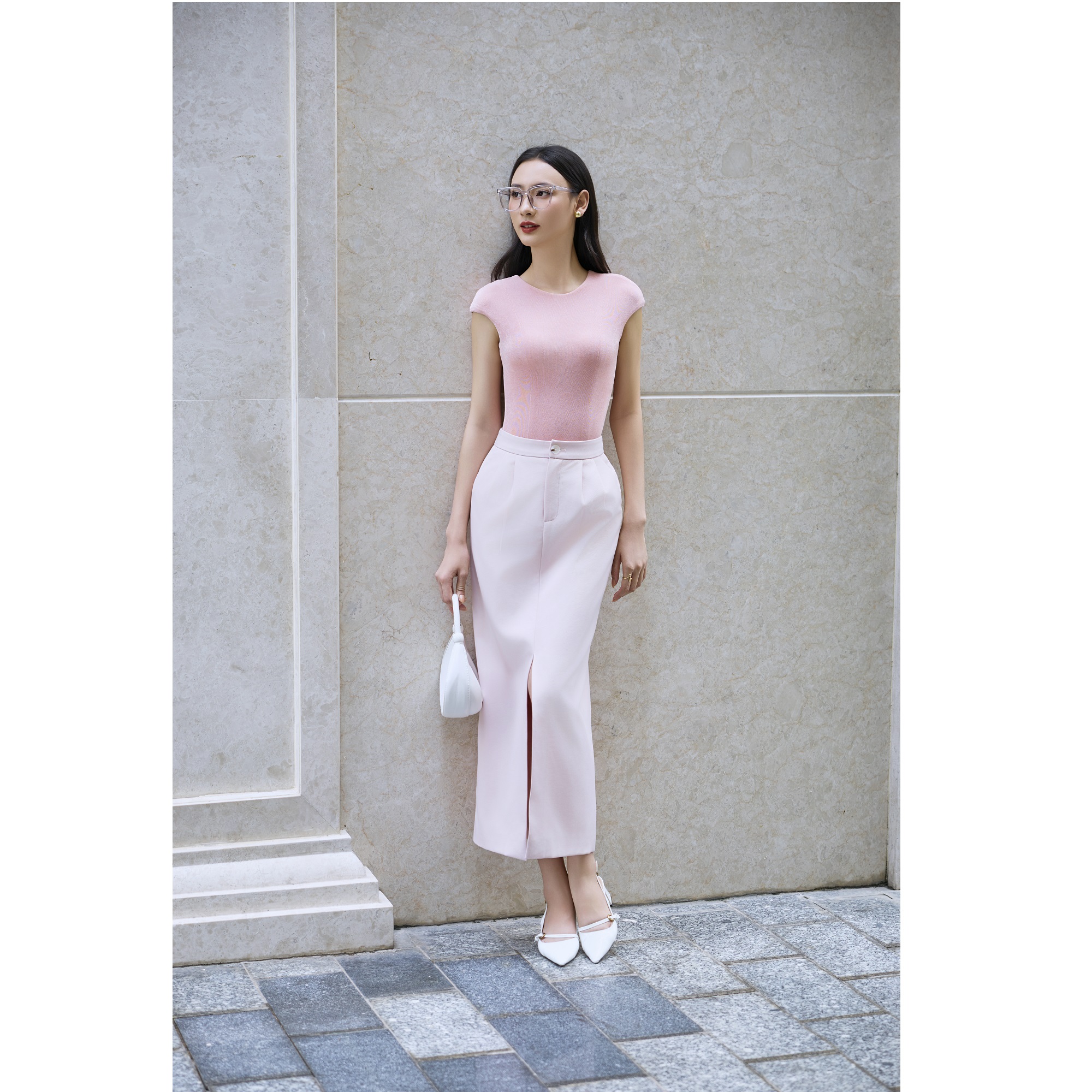 Vietnam Solid High Waist Elegant Front-Slit Midi Skirt KV27 Elegant / Office Lady / Vintage Minimal Maxi Standard Women's Skirts