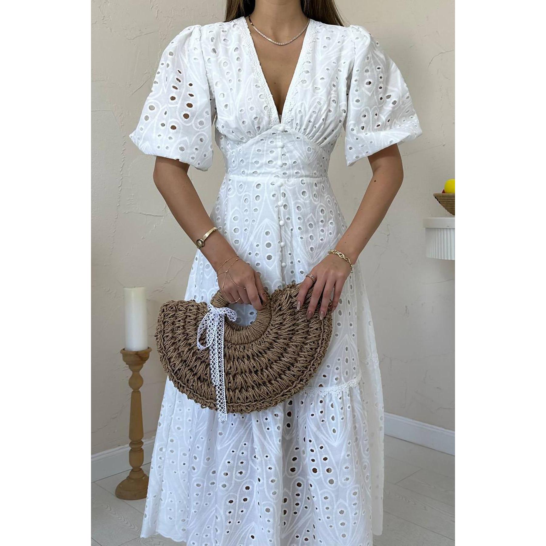 Wholesale Elisa Fashion Woman White Size L Cocktail Dress with Gathered Detail Lace Embroidery