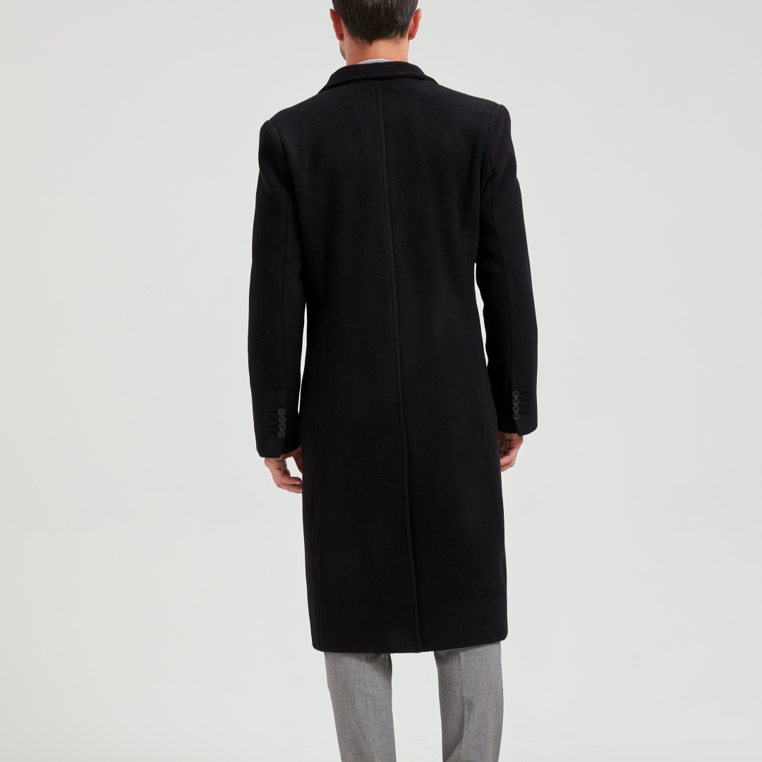 Men's Black Casual Double Breasted Long Overcoat High-End Luxury Woolen Viscose Trench Coat Anti-Wrinkle Breathable