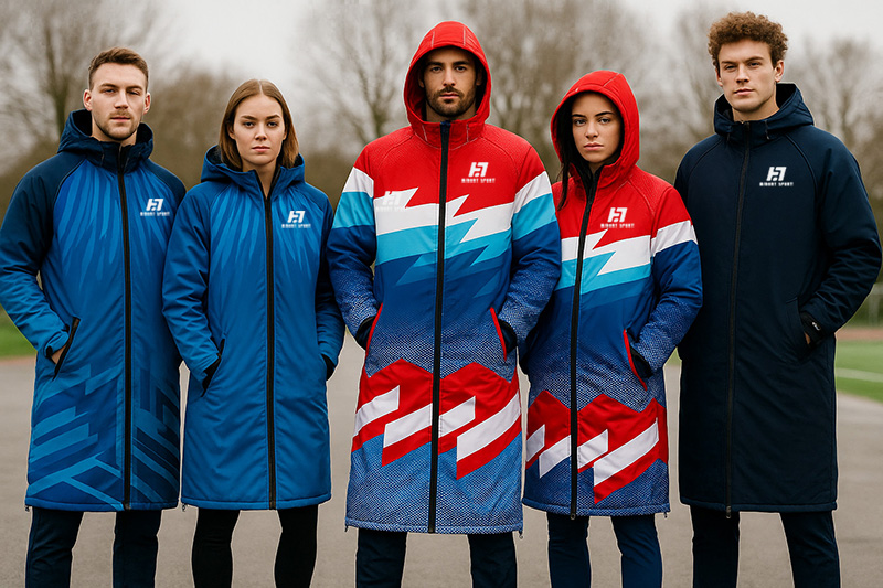 For Custom Full-Length Swim Parkas Teams Waterproof Warm-Up Jackets Zippered Closure Stand Front Coated Finish OEM Supply