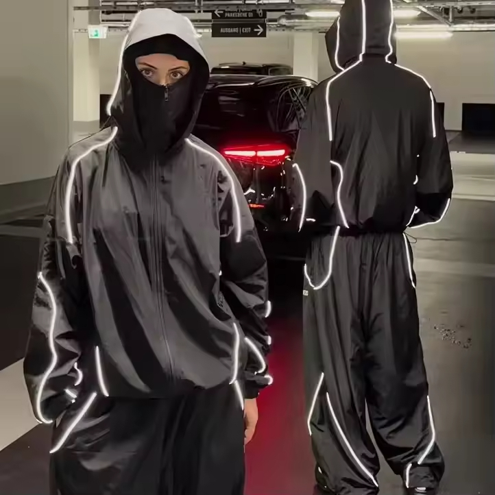 Custom Polyester Zip up Blank Oversized Reflective Waterproof Windproof Nylon Jacket and Track Pants Jogger Sets Nylon Tracksuit