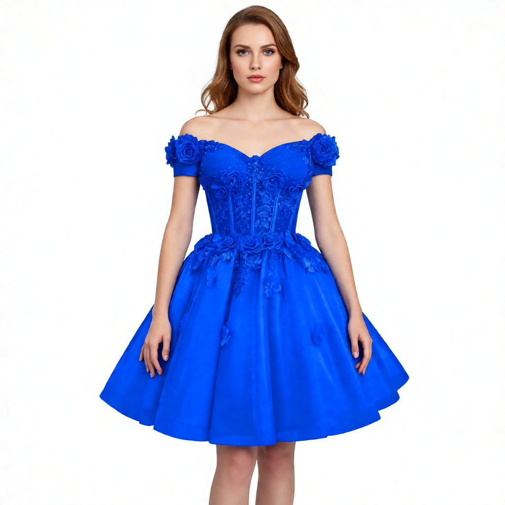 Royal Blue Embroidered Floral Cocktail Dress Off-Shoulder Ball Gown Short Party Gown
