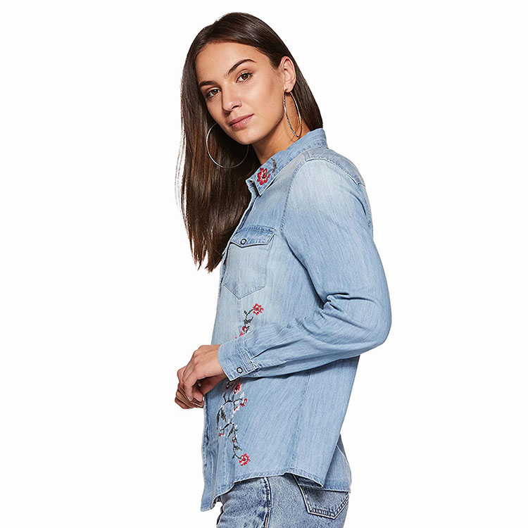 Women's Vintage Summer Denim Blouses Long Sleeve Shirt with Button Organic Cotton Custom Colors-OEM/ODM Professional Workwear