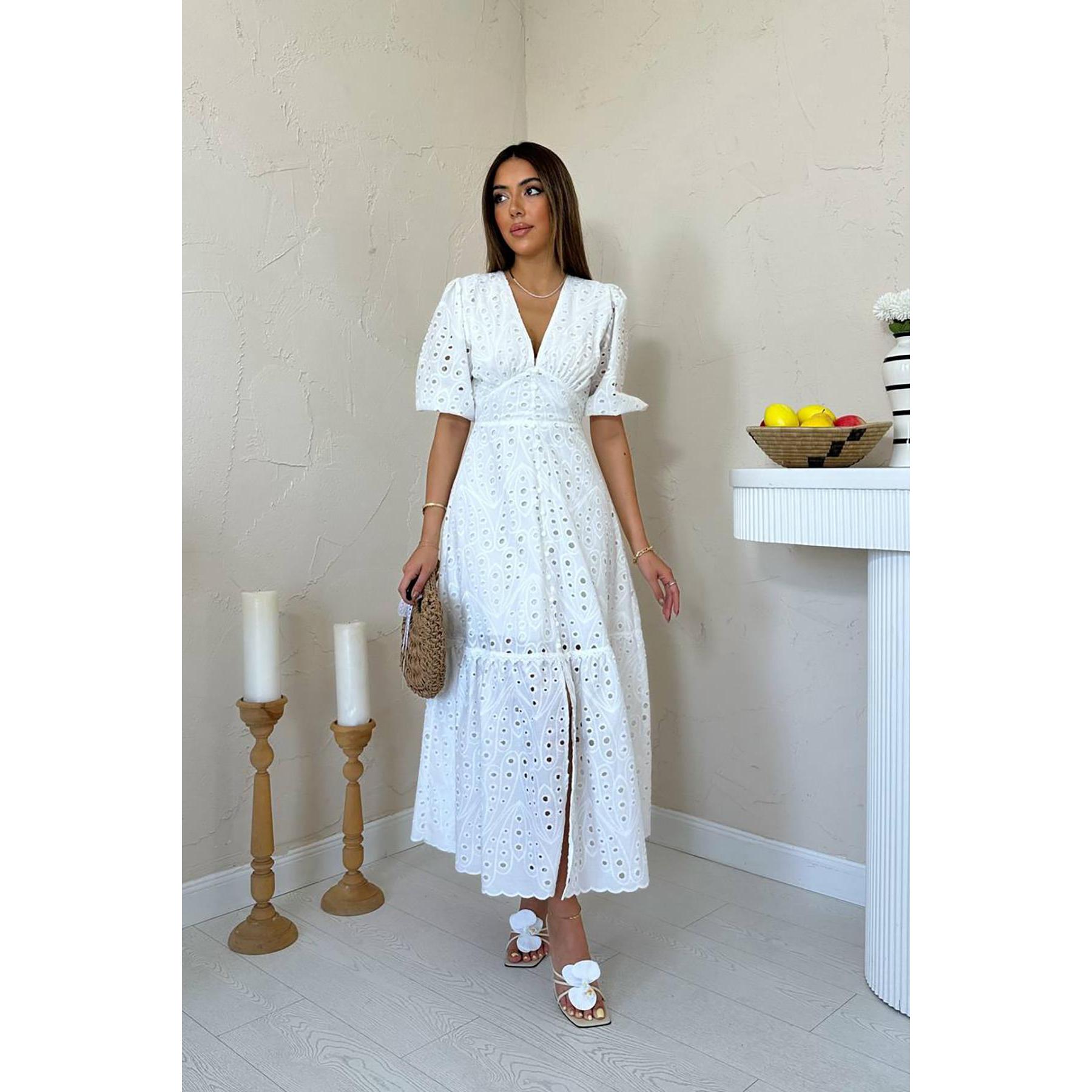 Wholesale Elisa Fashion Woman White Size L Cocktail Dress with Gathered Detail Lace Embroidery