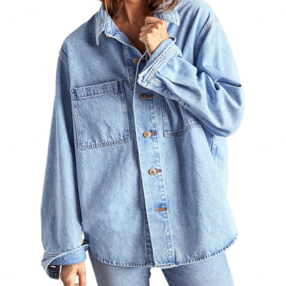 Women Premium Clothing Classic Button Down Shirt Collar Jacket Patch Pocket Blouse for Ladies Long Sleeve Over-sized Denim Shirt