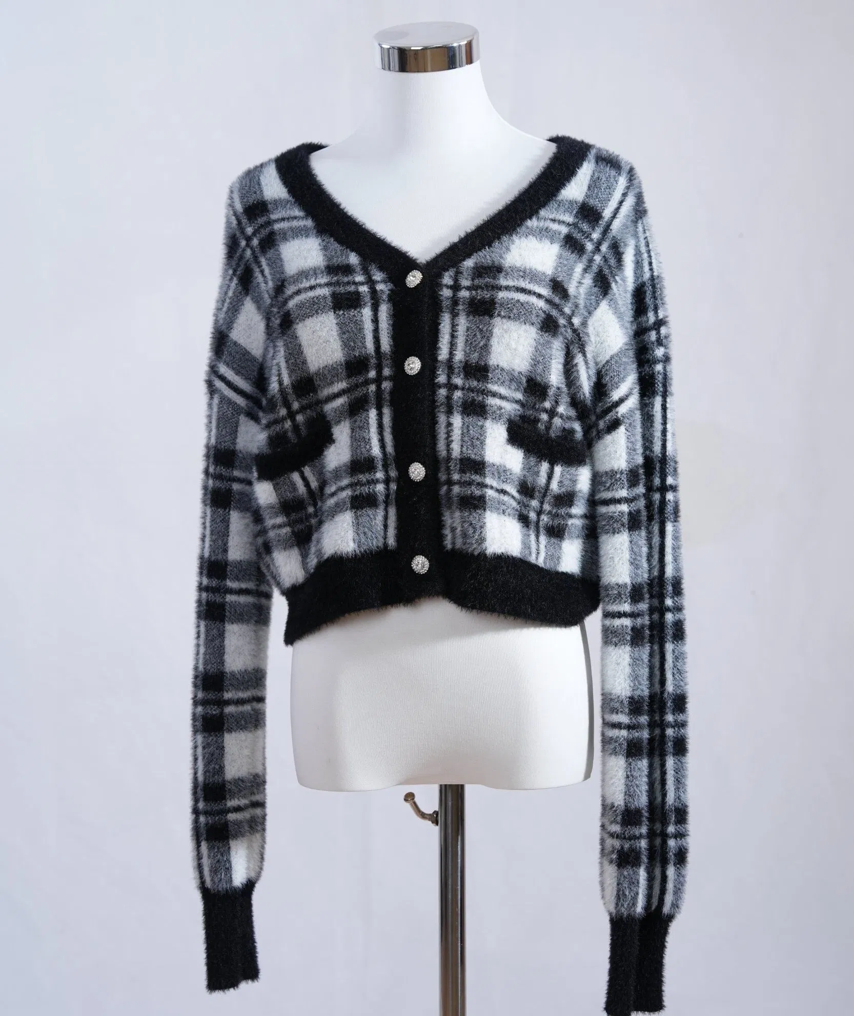 Women's Nylon Plaid Fuzzy Cropped Open Knit Cardigan Sweater Street Chic