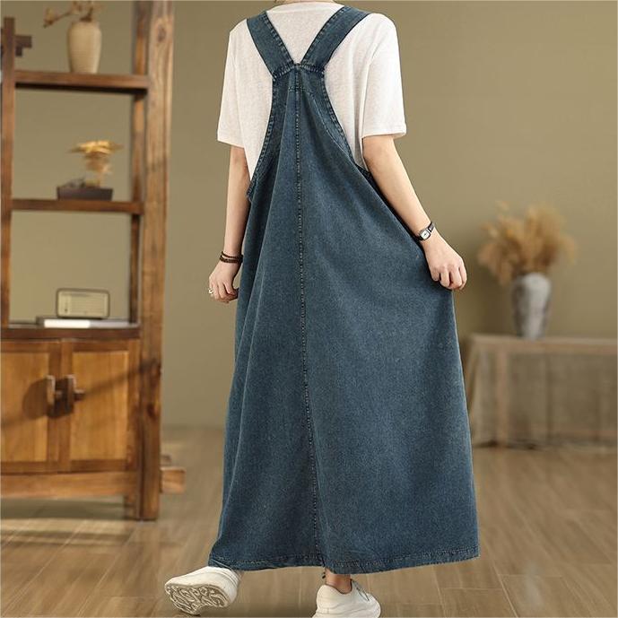 Women's High Waisted Denim Maxi Skirt Vintage Blue Washed Casual Summer Skirt, Midi to Ankle Length, Button Front &amp; Pockets