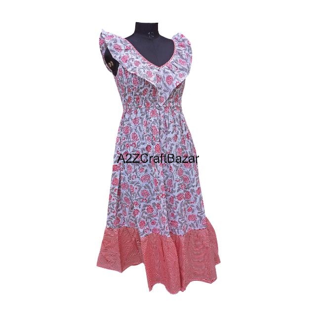 Latest Fully Cotton Red Floral Cocktail Dress for Women Indian Ethnic Button Decoration Plus Size