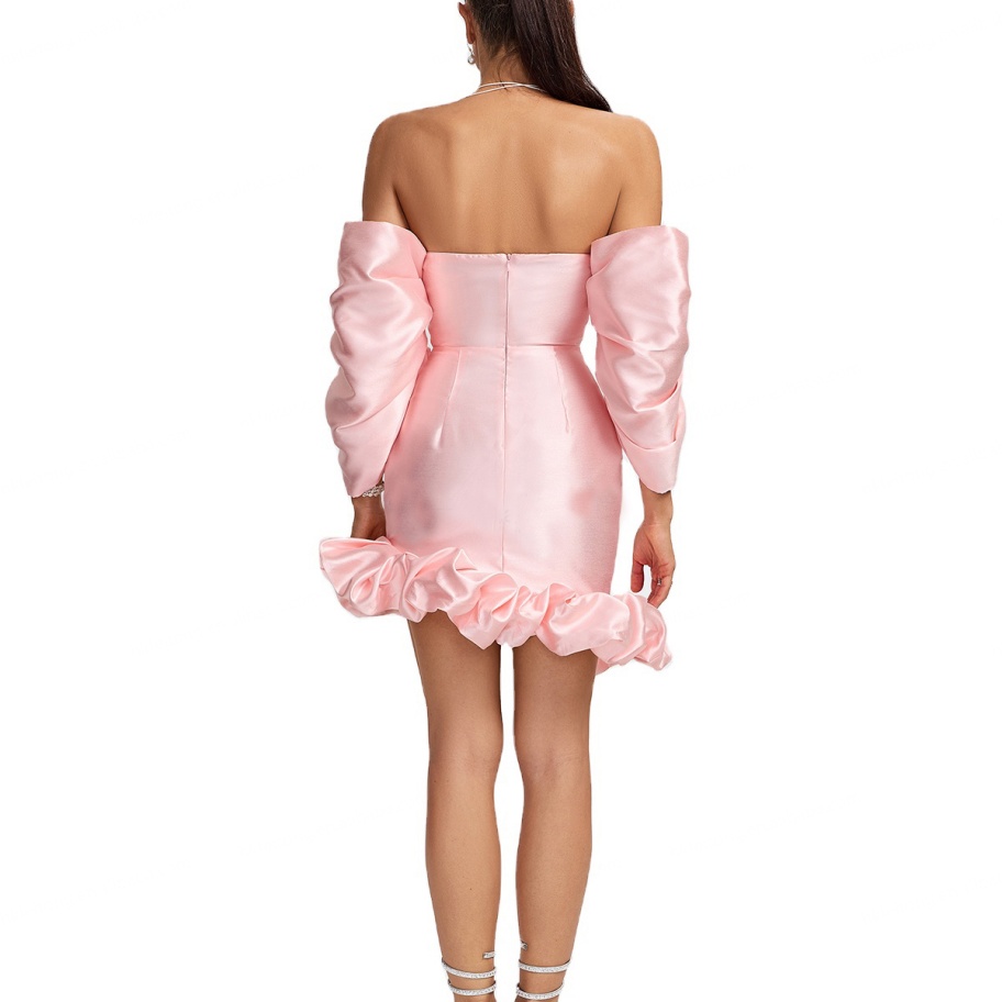 Summer Women Fashion Designer Pink Slim Fit Garment Dyed Cocktail Dress Strapless Off-Shoulder Asymmetrical Elegant Short
