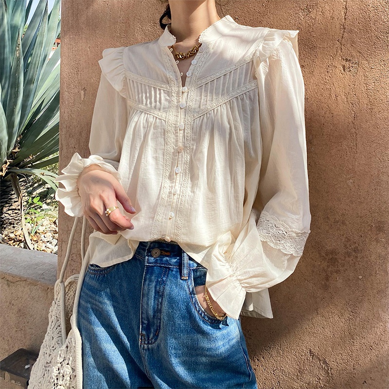 Latest Design Women's Clothing Long Ruffled Sleeve Shirts Woman Daily Button up Tops Fashion Lace Trims Causal Ladies' Blouses