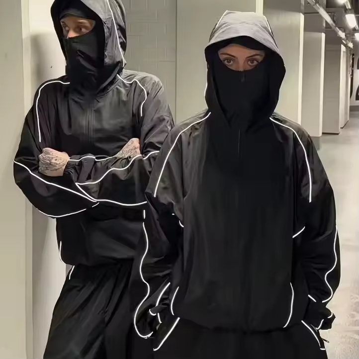 Custom Polyester Zip up Blank Oversized Reflective Waterproof Windproof Nylon Jacket and Track Pants Jogger Sets Nylon Tracksuit