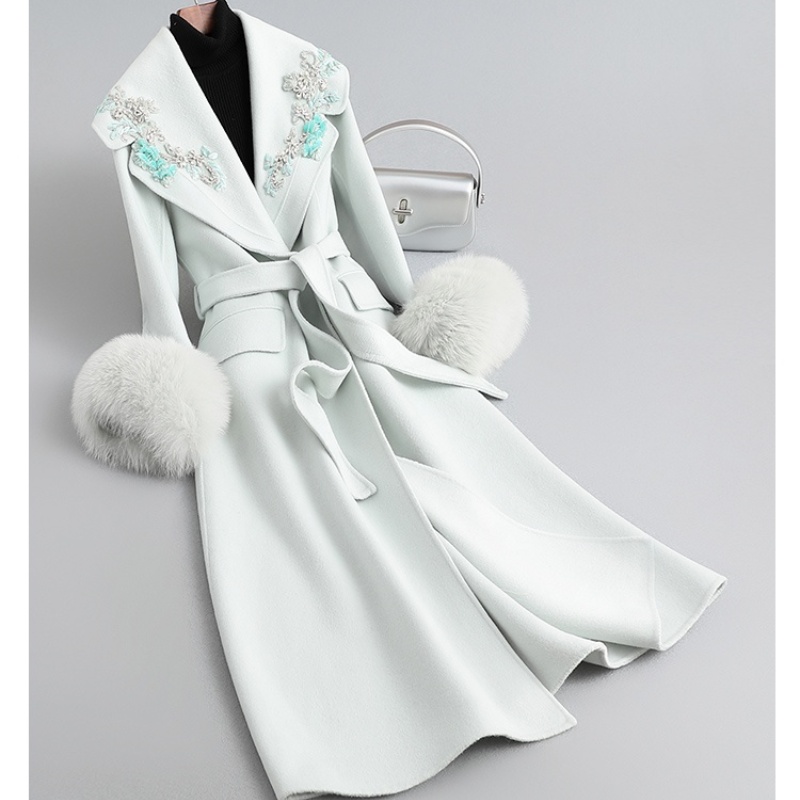 Wholesale Elegant Winter Wool Coat Women Double Face Cashmere Coat Custom Logo Long Trench Overcoat Furry Overcoat