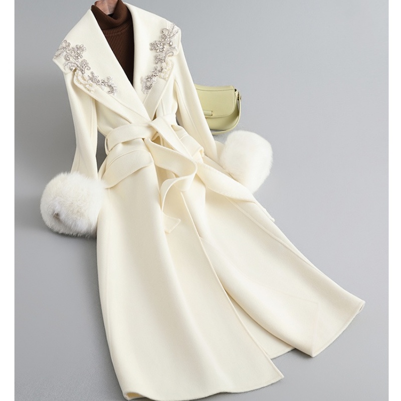 Wholesale Elegant Winter Wool Coat Women Double Face Cashmere Coat Custom Logo Long Trench Overcoat Furry Overcoat