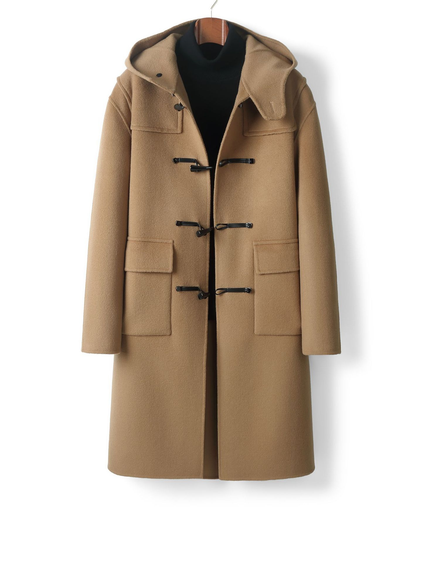 Mens Youth Hooded Trench Coat Horn Pure Wool Double-sided Tweed Factory Outlet