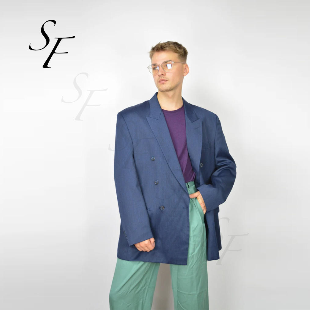 Custom Spring and Autumn Casual Loose Fit British Style Vintage Dark Blue Classic 80's Wool Polyester blazer Men's Suit Jacket