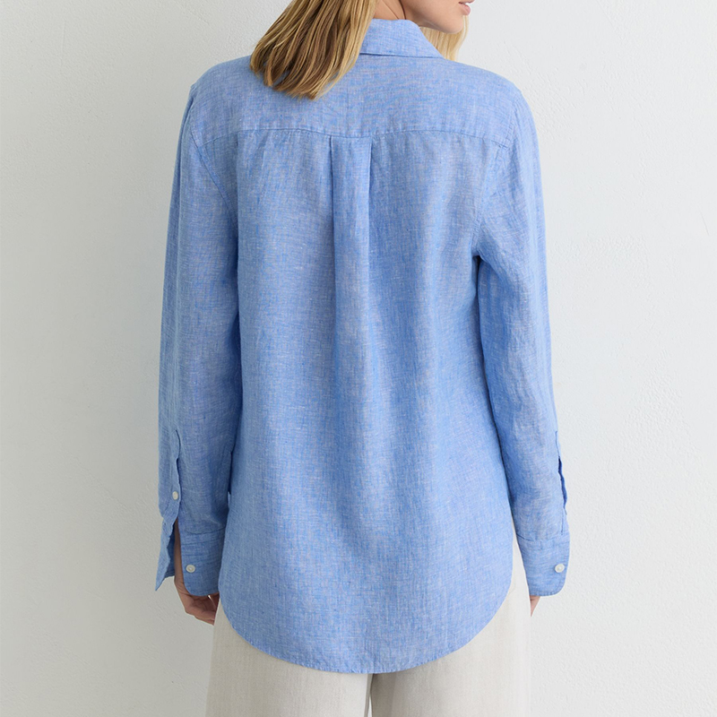 Custom Loose Casual Shirt Summer Blouse Women's Heather Blue Single Pocket Relaxed Fit 100% Linen Long Sleeve Button up Shirt