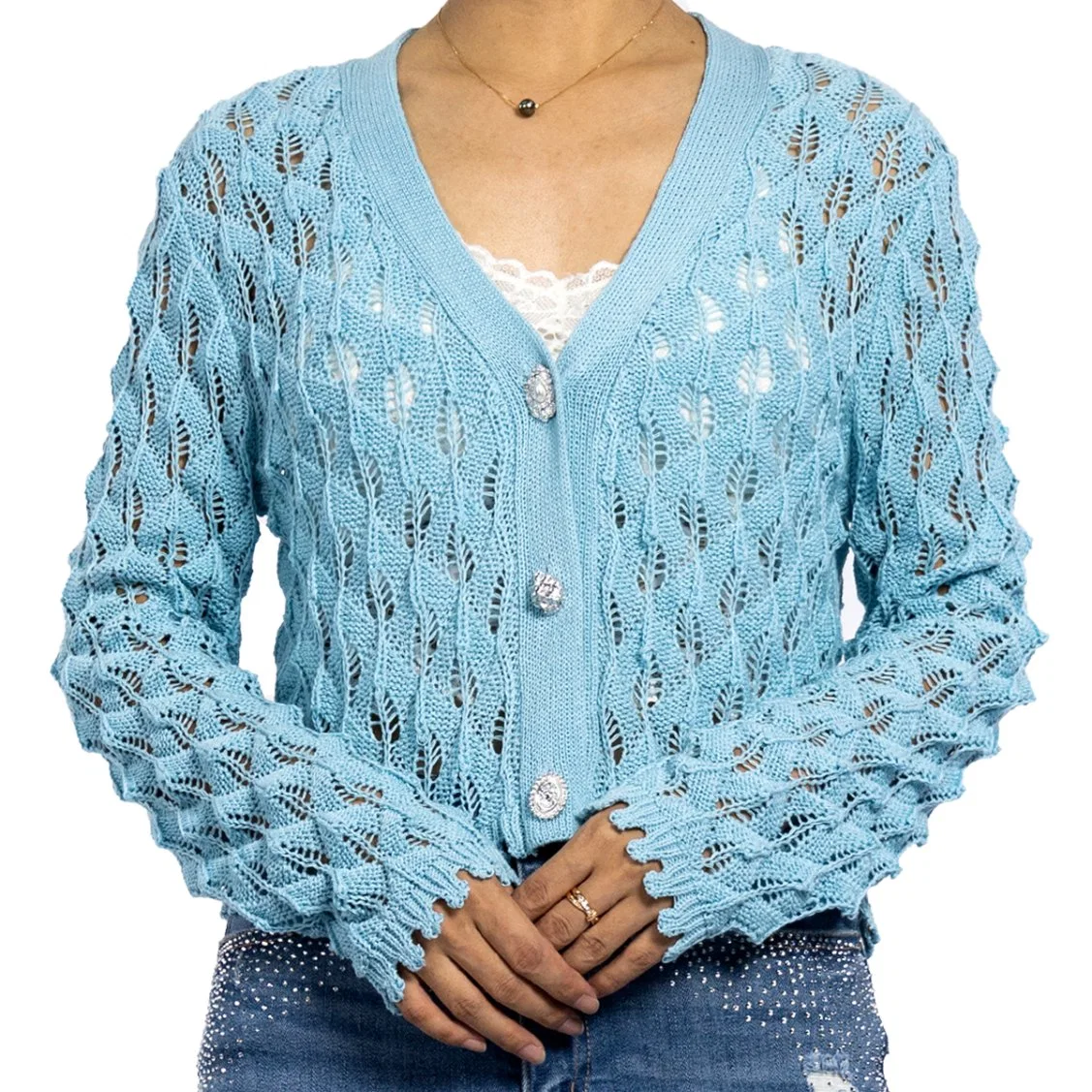 Blue Hollow Textured Crochet V-Neck Long Sleeve Sweater Lightweight Women's Cardigan Summer