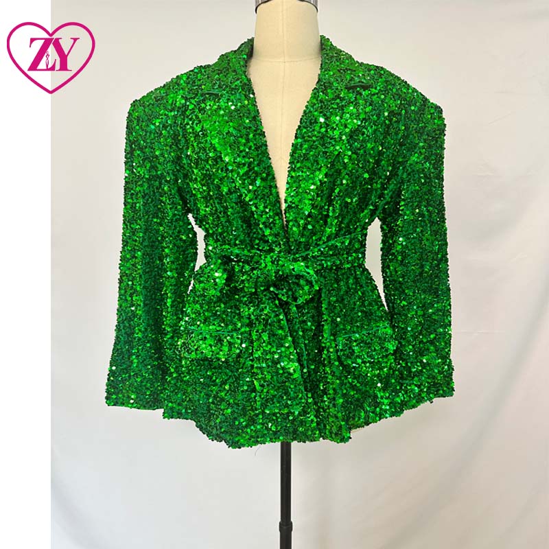 American &amp; African Women's Breathable Eco-Friendly Thin Green &amp; Emerald Sequin Blazers Hip Hop Style Wholesale Jackets