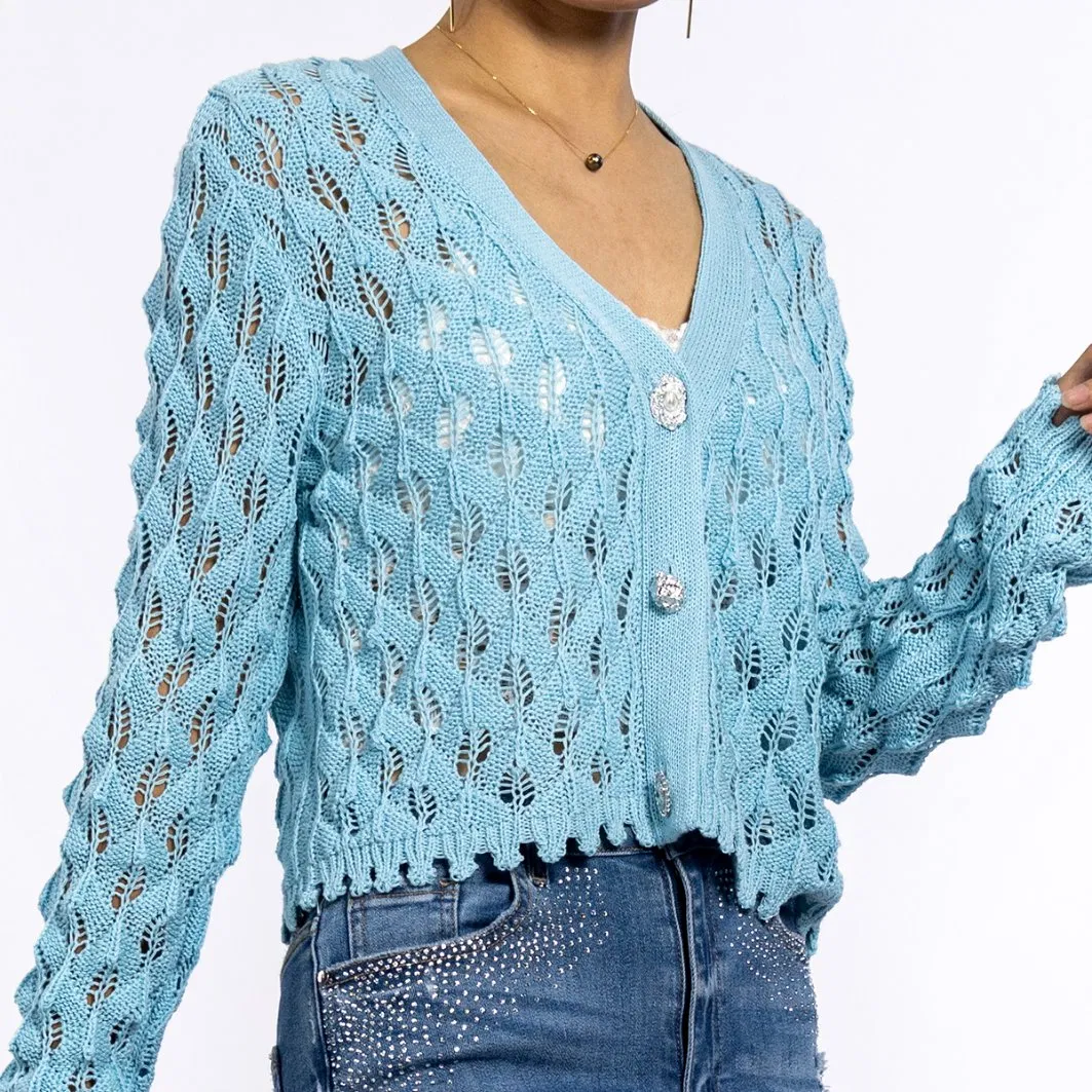Blue Hollow Textured Crochet V-Neck Long Sleeve Sweater Lightweight Women's Cardigan Summer
